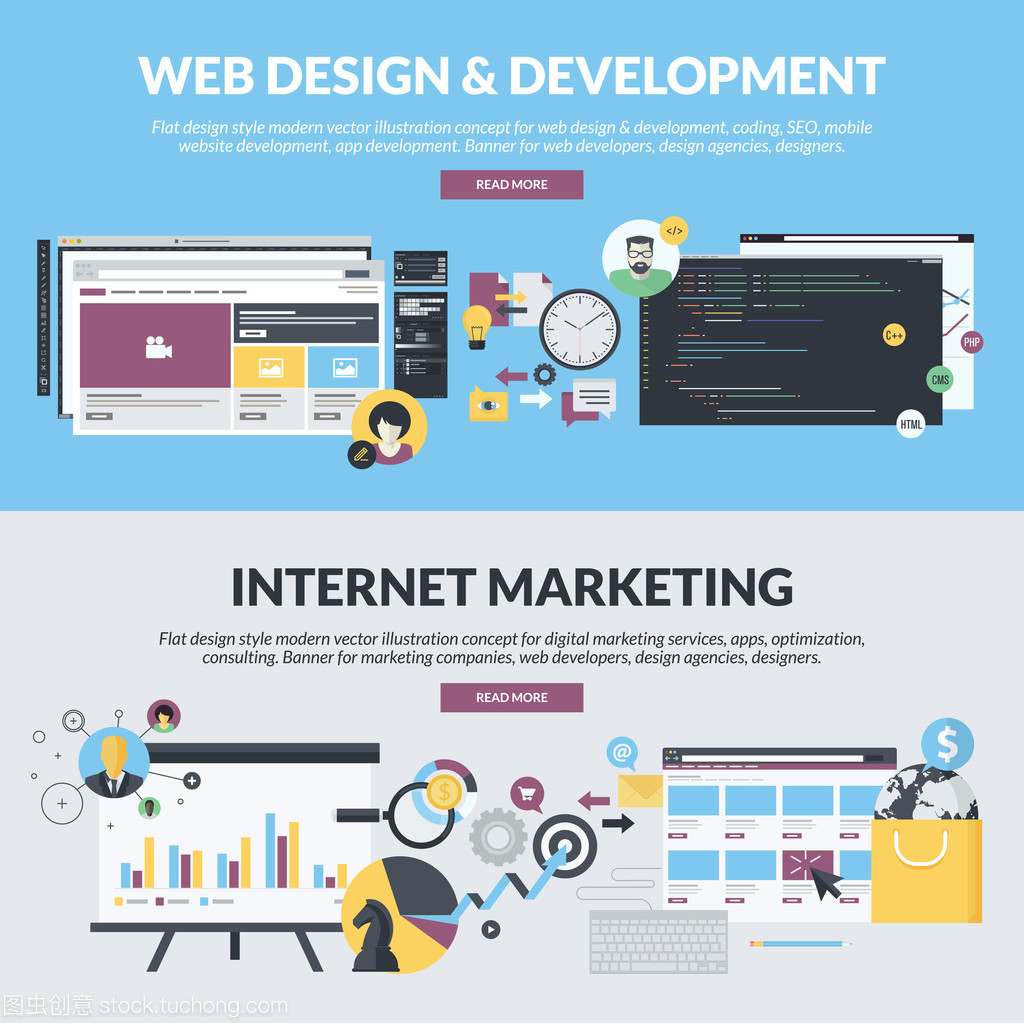设置的平面设计风格概念用于 web 设计和开发和互联网营销服务,从市场营销的公司,web 开发人员、 设计机构、 设计师